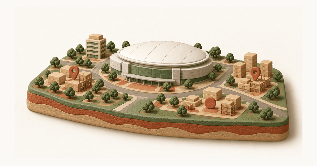 An oval clay arena surrounded by district parcels, small building stacks, scaffolds, terracotta markers, trees, and a northwest office tower, in clay-on-paper style.