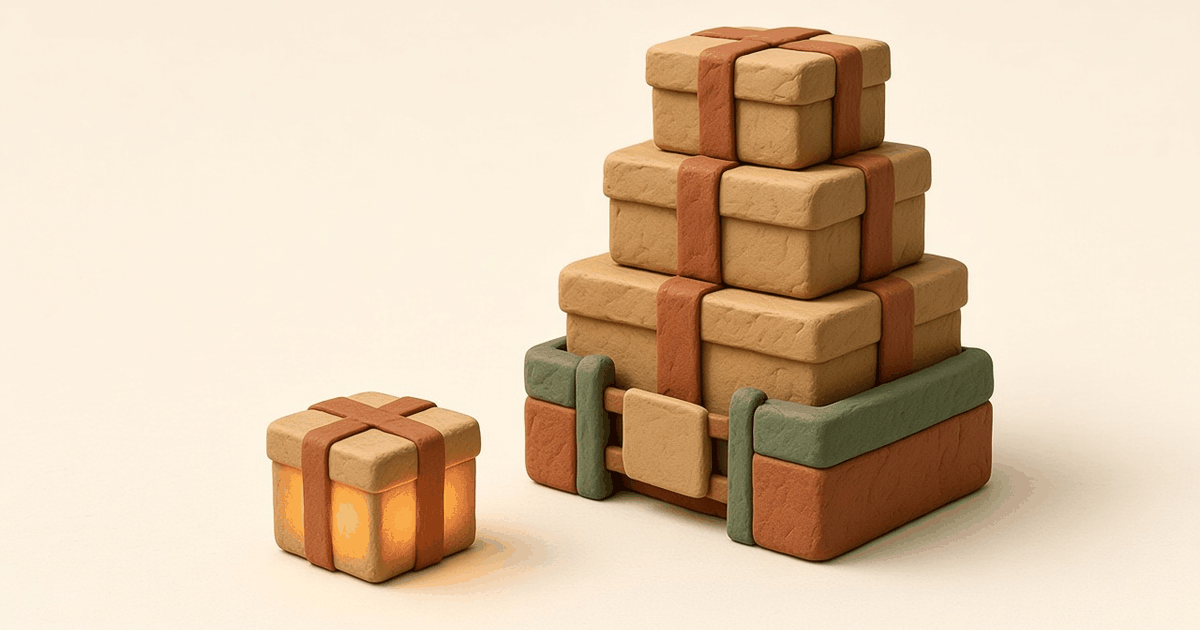 Editorial illustration of a small glowing clay box in front of a tall stack of clay boxes behind a short gate with a blank tag, on cream paper, in clay-on-paper style.