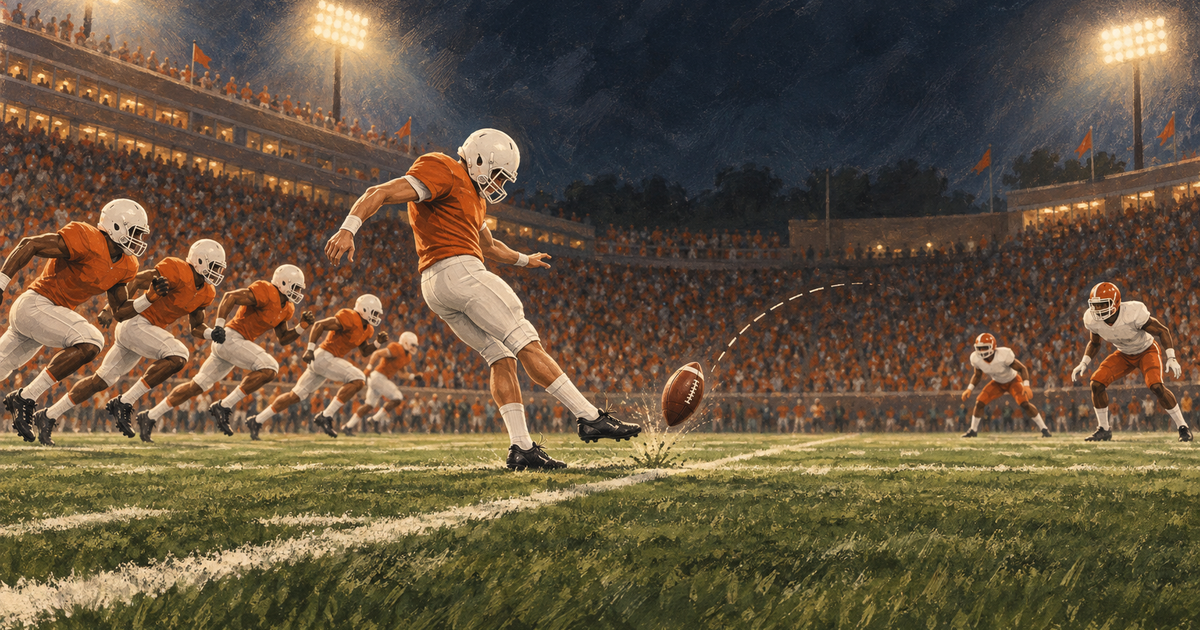 Illustration of a college football kicker in orange drop kicking an onside kick as teammates sprint downfield
