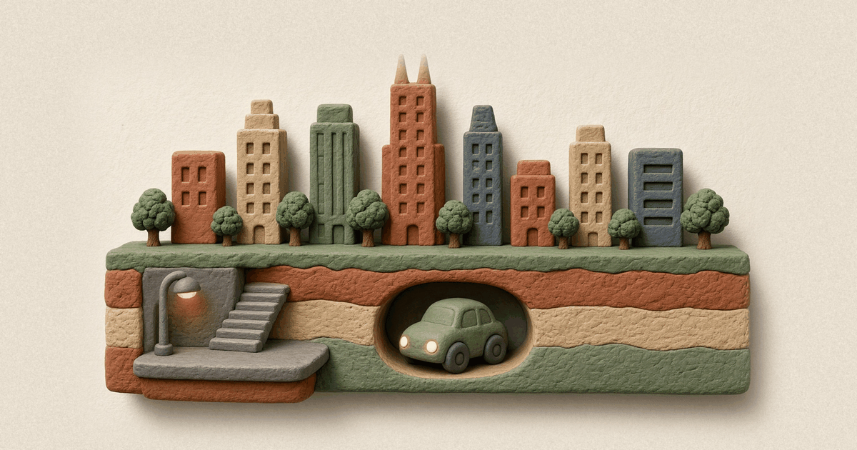 Editorial illustration of a small car in a round tunnel beneath a downtown skyline with trees, next to an empty station platform with stairs and a lamp, in clay-on-paper style.
