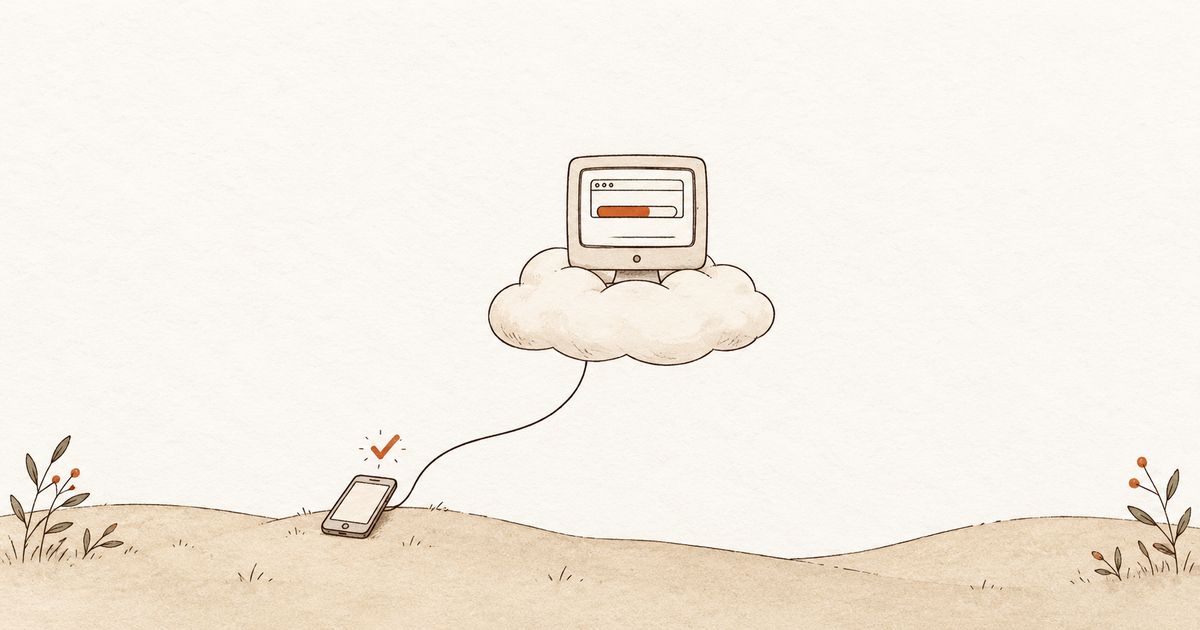 Clay-on-paper illustration of a small desktop computer sitting on a cloud, its screen showing a browser window, with a thin line running down to a phone on a hill and a checkmark above it.
