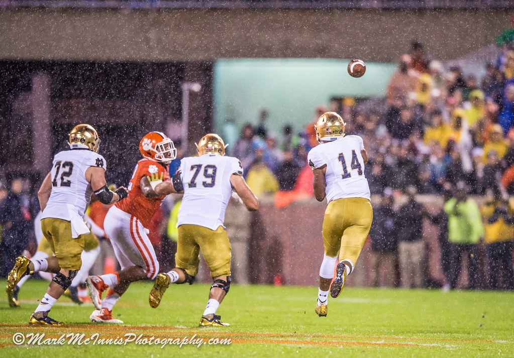 DeShone Kizer throws behind Notre Dame linemen in heavy rain at Clemson in 2015