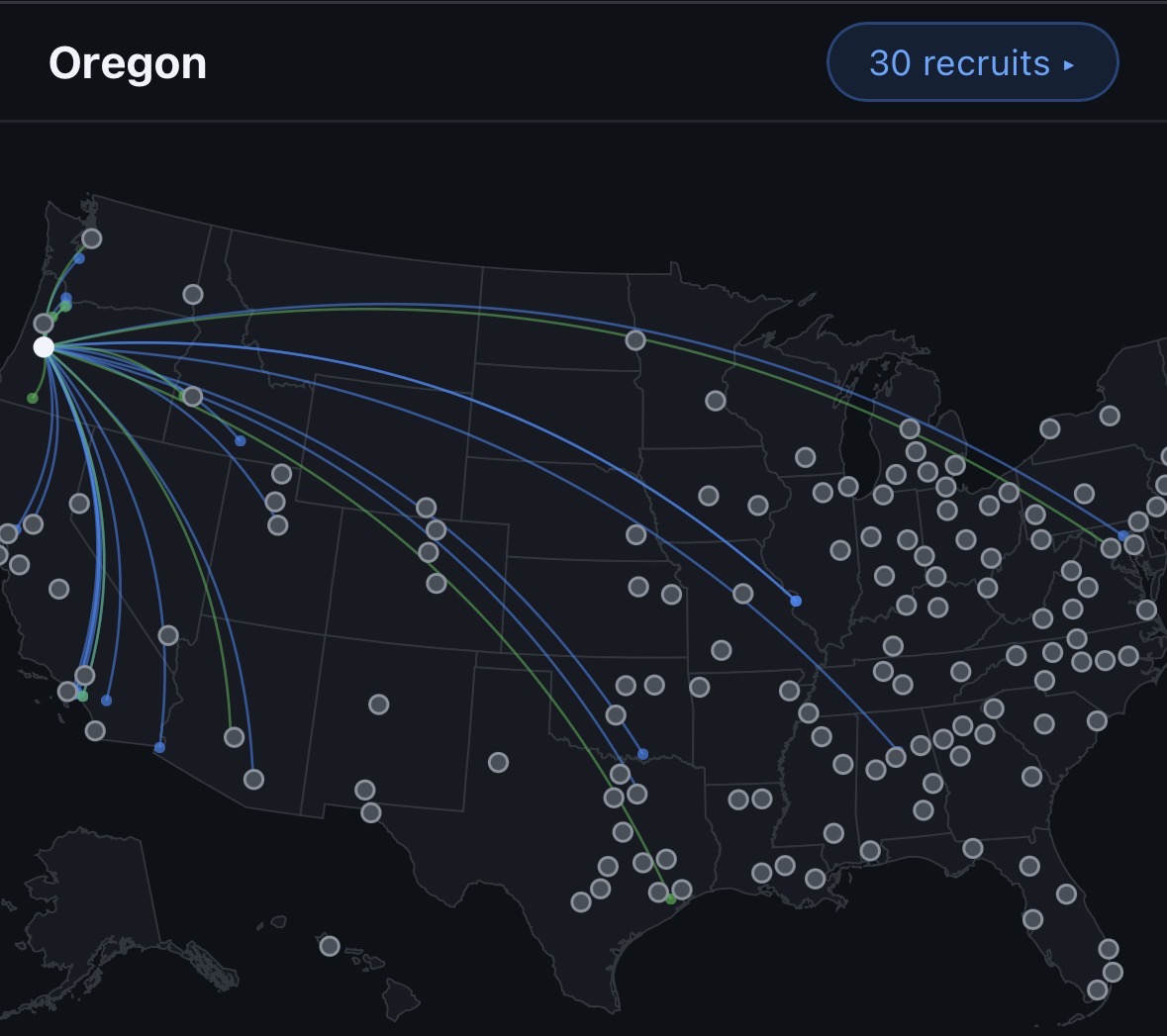 Oregon 2024 recruiting map — arcs fanning east across the country