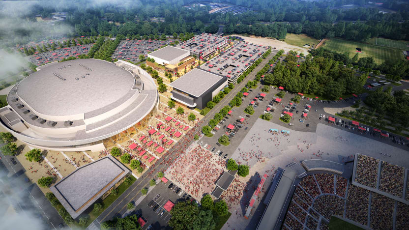 Aerial concept showing the arena, gathering space, nearby buildings and parking.